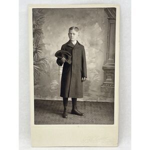 1800s Antique Boy in Dress Coat  Hat Black White Cabinet Card‎ FW Sander